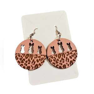 Women's Wood Pink Easter Bunny & Leopard Earrings